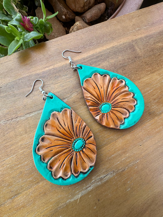 Western turquoise floral leather earrings