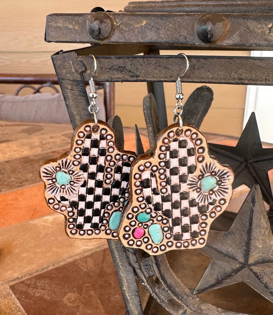 Checker cactus with faux stone earrings
