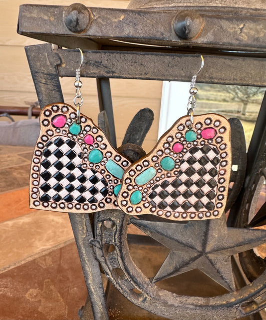 Checker hearts with faux stone earrings