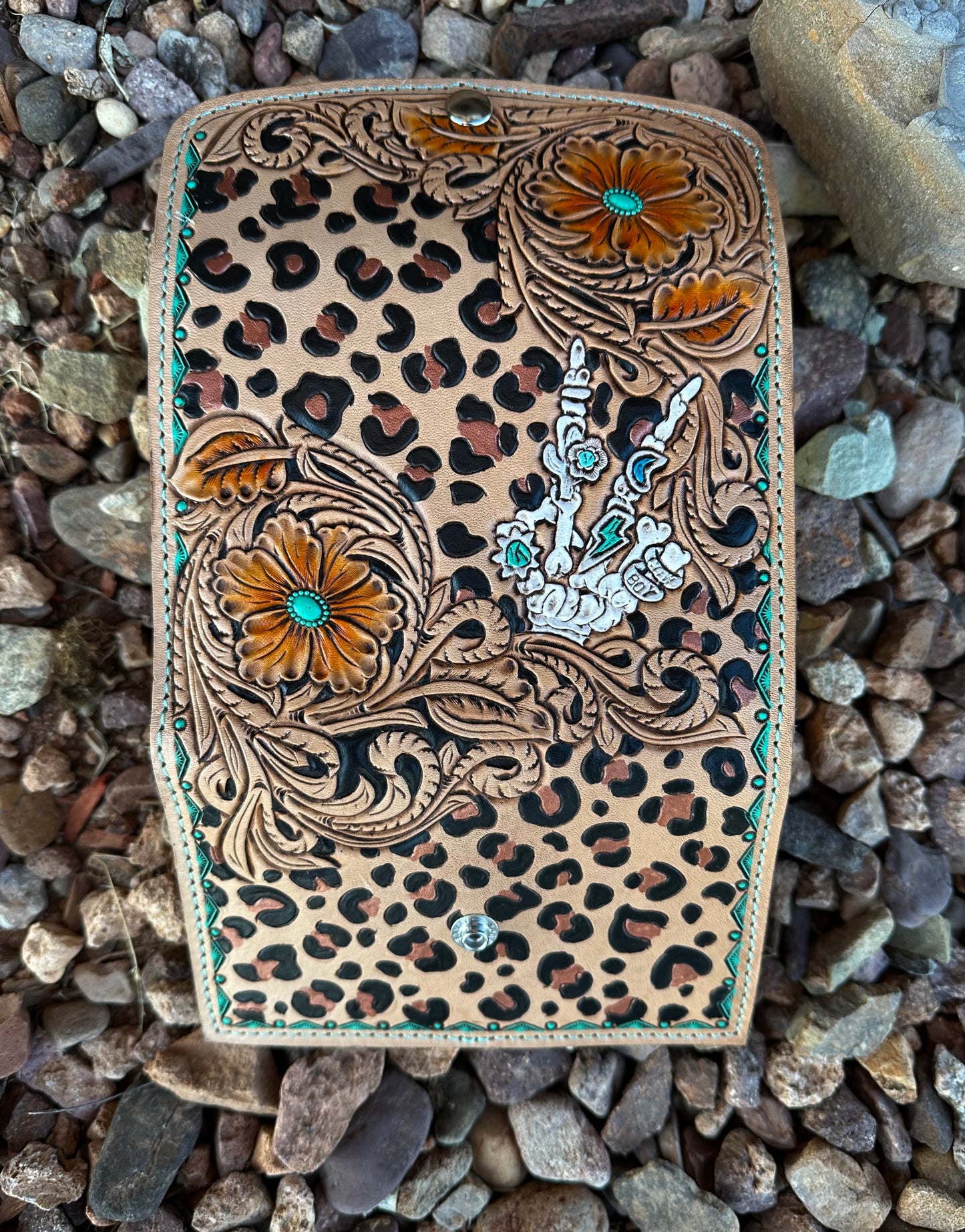 Western tooled floral and skeleton hand wallet
