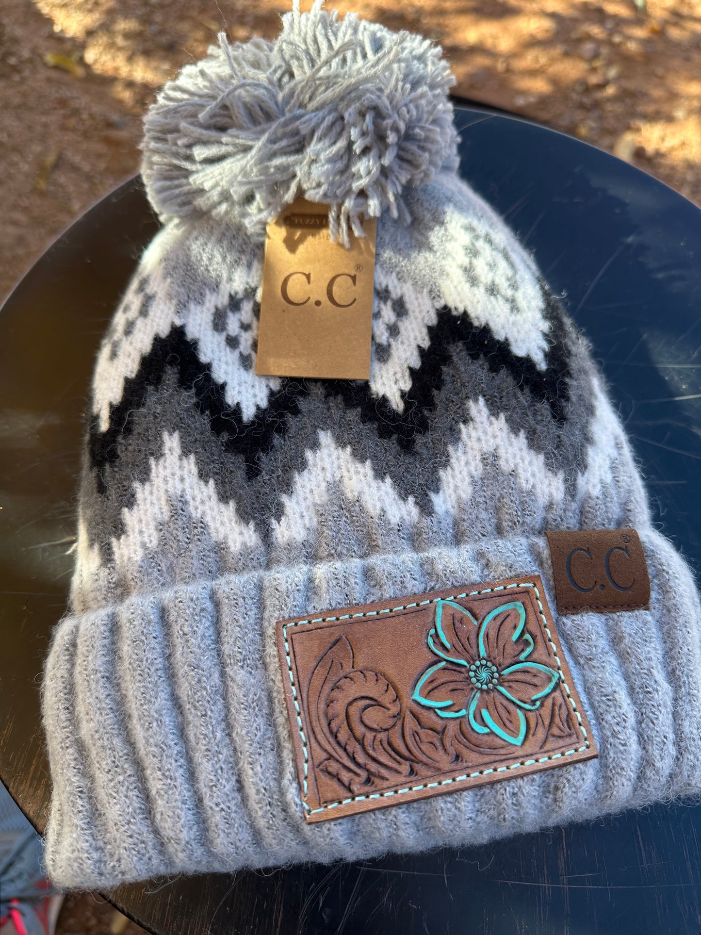 Western tooled leather floral patch beanie