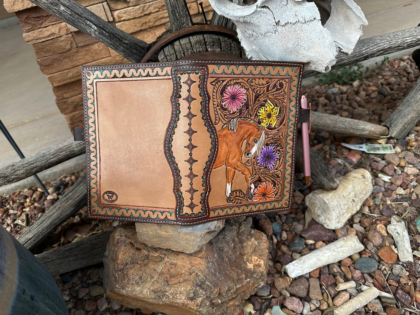 Western tooled leather horse and floral memo book