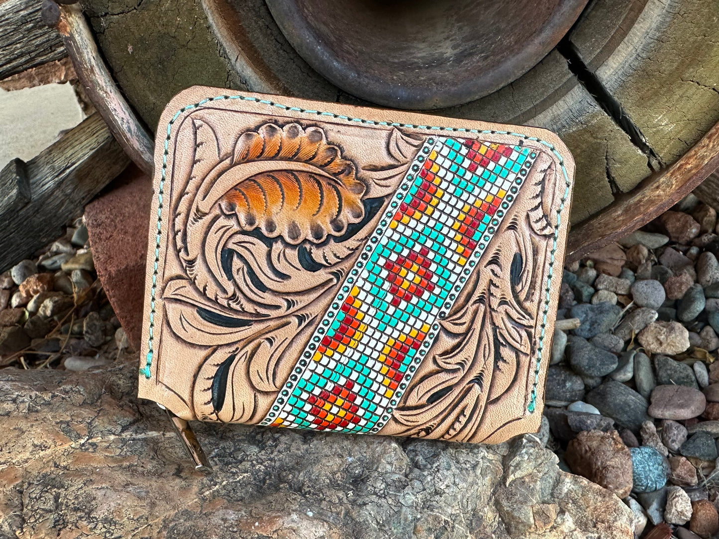 Western tooled leather floral and faux beadwork zip wallet