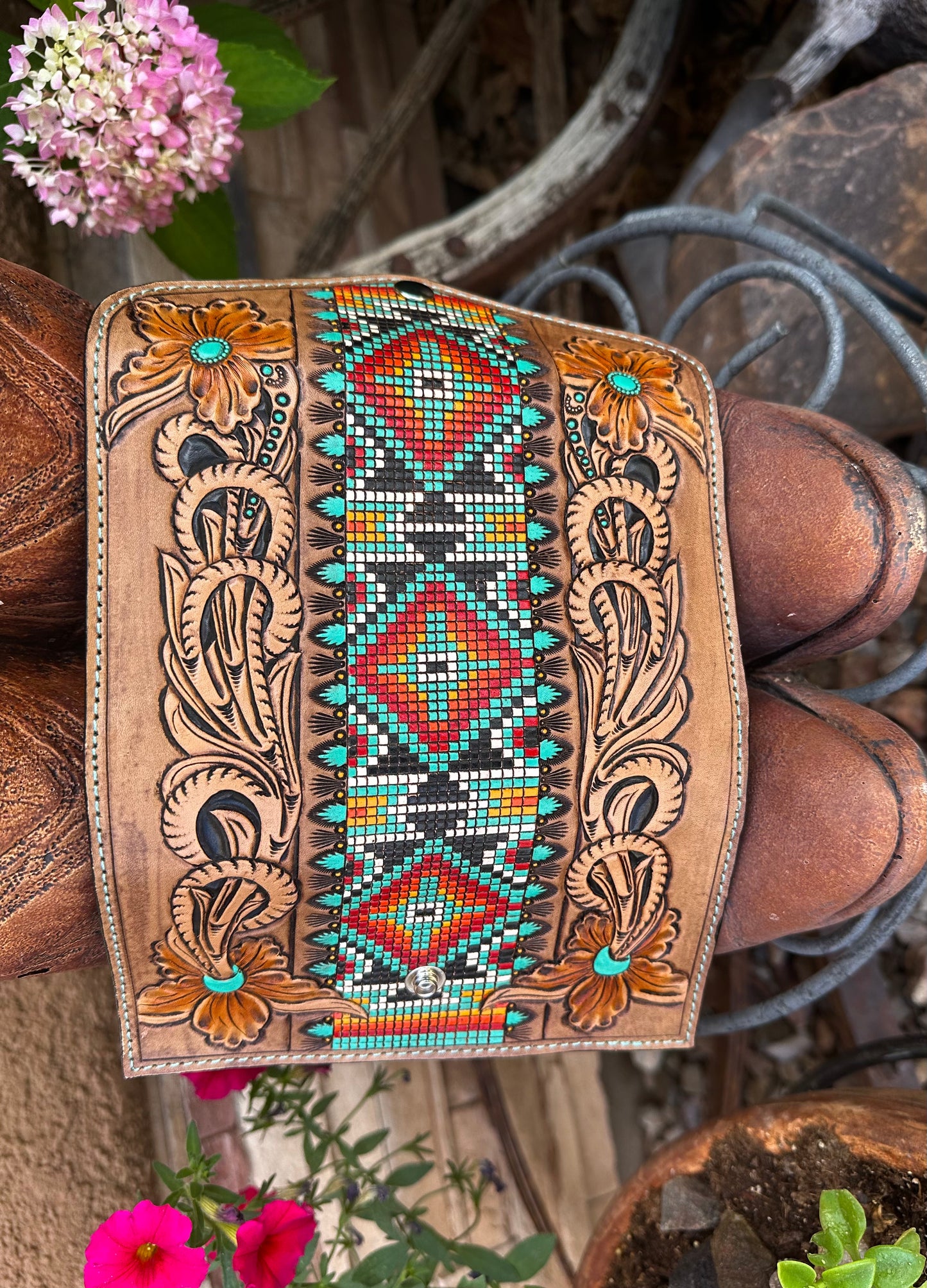 Western tooled leather floral and faux beadwork clutch wallet