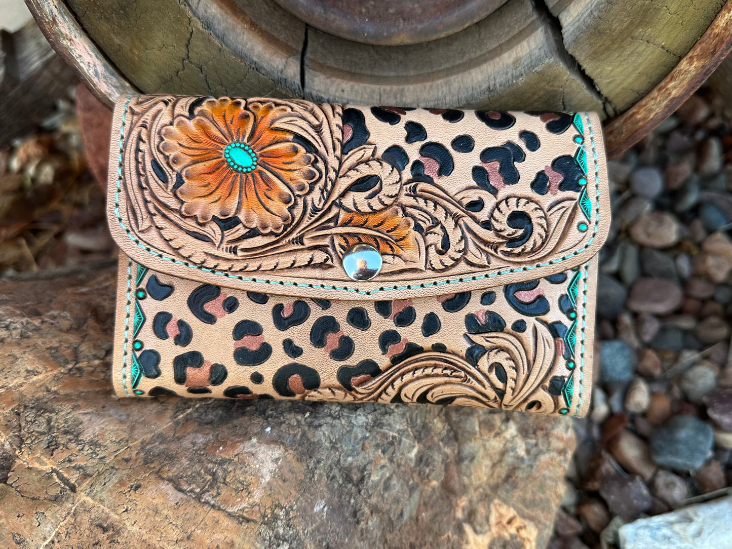 Western tooled floral and skeleton hand wallet