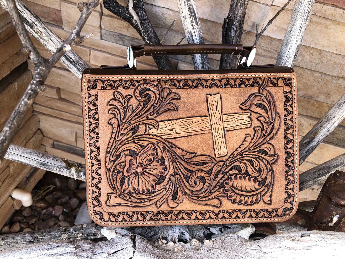 Western tooled leather wooden cross and floral bible cover