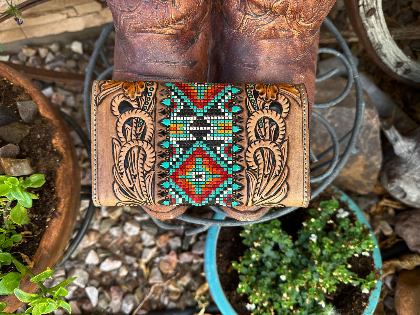 Western tooled leather floral and faux beadwork clutch wallet