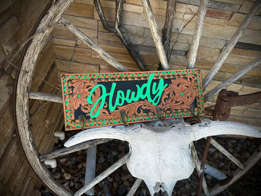 Western tooled leather Howdy key holder wall decor