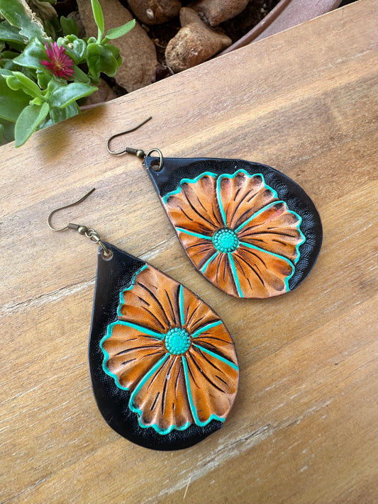 Western black floral leather earrings