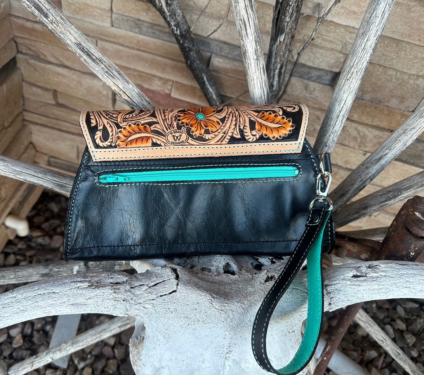 Western tooled leather floral clutch