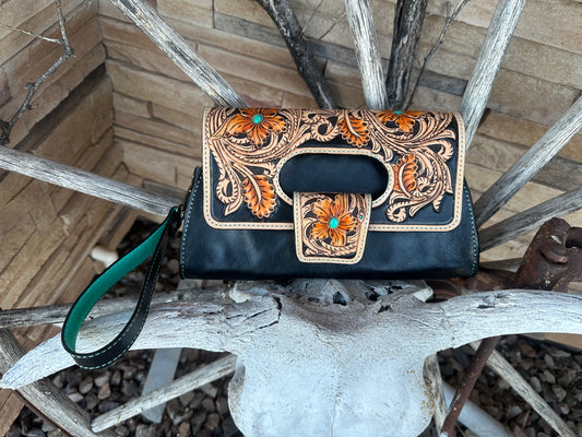 Western tooled leather floral clutch
