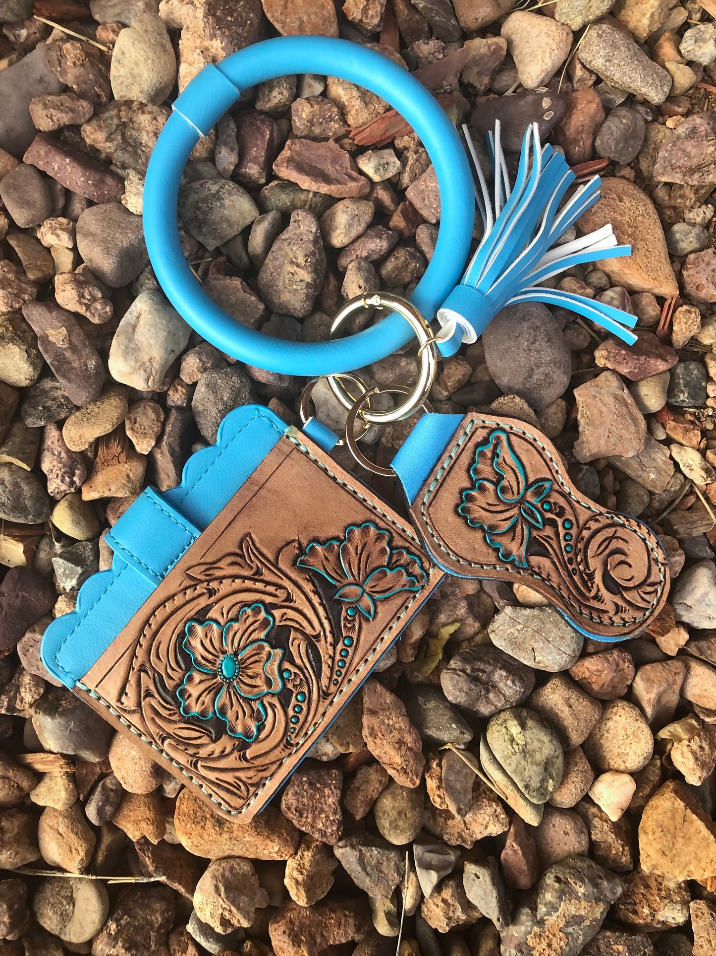 Western tooled leather floral patch card wallet wristlet with matching chapstick holder