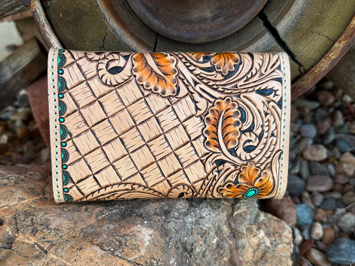 Western tooled leather floral and basket weave wallet