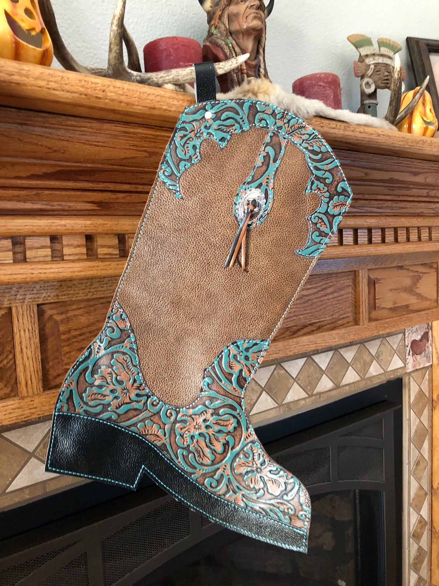 Western tooled leather boot Christmas stocking