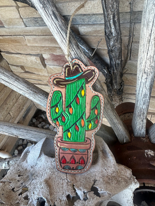 Western Tooled Leather Cactus Ornament