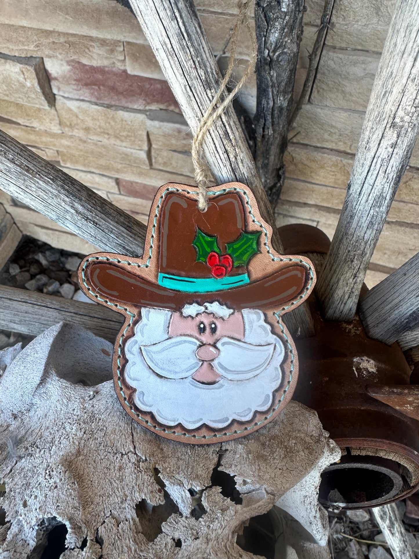 Western Tooled Leather Cowboy Santa Ornament