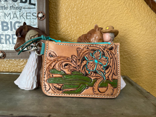 Western tooled leather cactus zipper card wallet