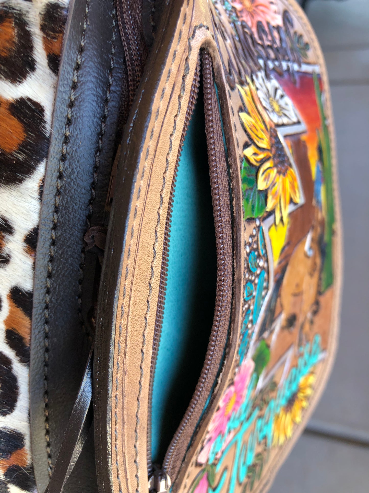 Western tooled leather Cowboys and Turquoise sling bag