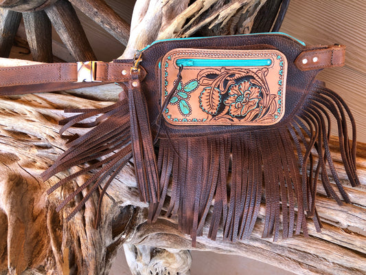 Western tooled leather floral and turquoise jewelry butterfly brown fringe Fanny pack
