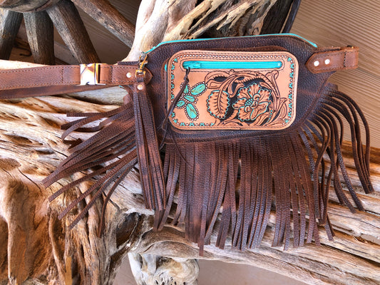 Western tooled leather floral and turquoise jewelry butterfly brown fringe Fanny pack