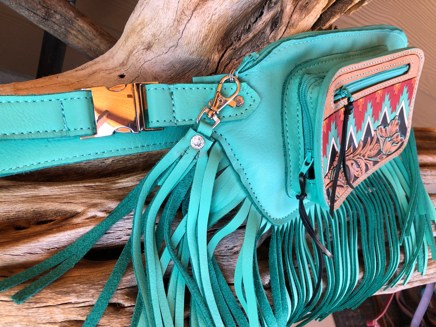 Southwestern tooled leather floral and Aztec green turquoise fringe Fanny pack