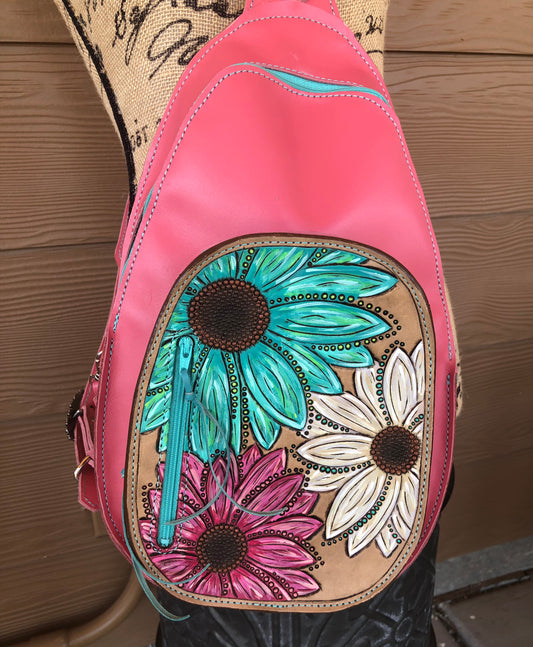 Western tooled leather sunflower coral pink sling bag