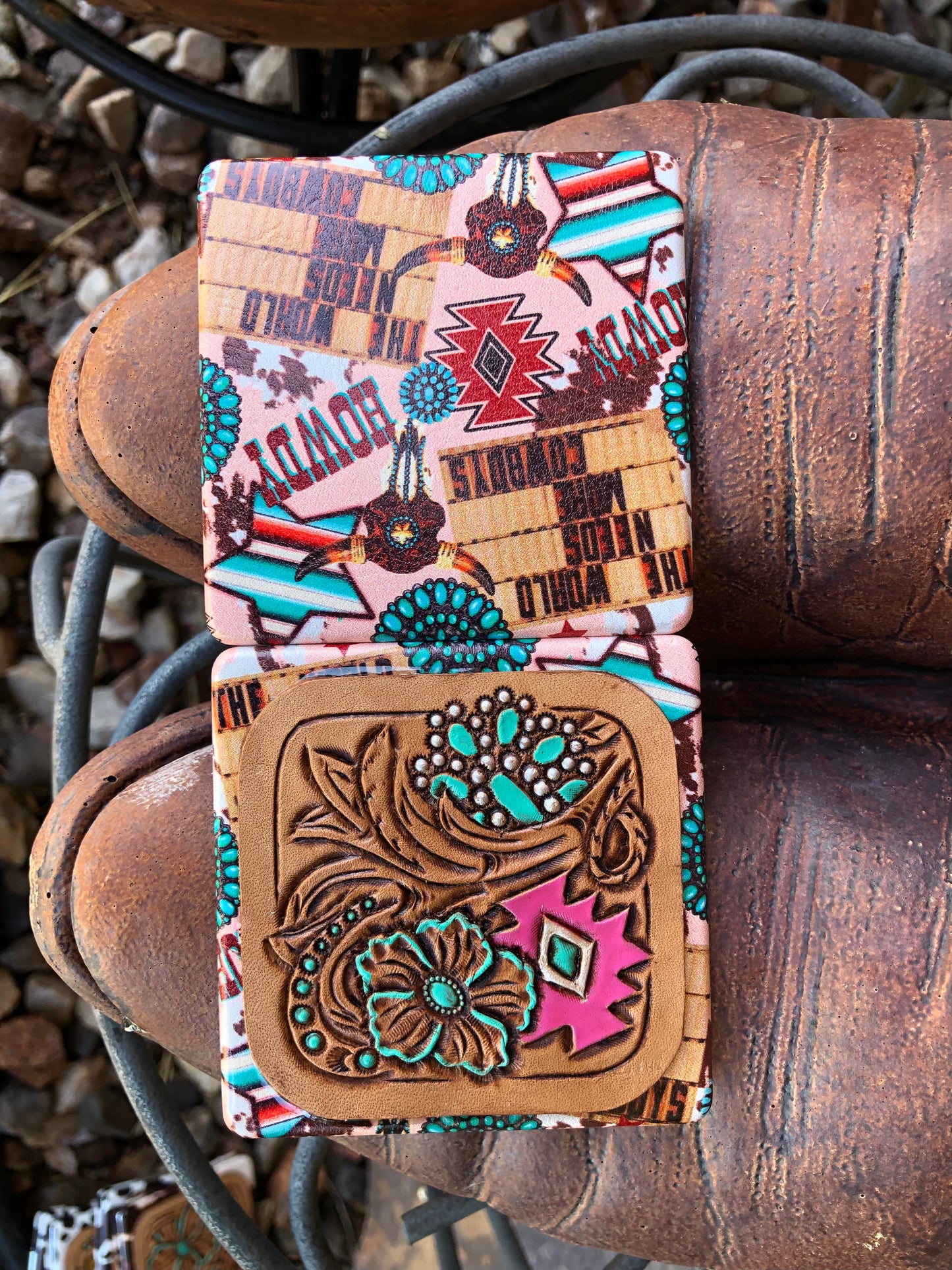 Western tooled leather floral turquoise and geometric patch on world needs more cowboys compact