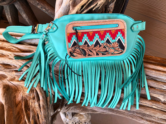 Southwestern tooled leather floral and Aztec green turquoise fringe Fanny pack