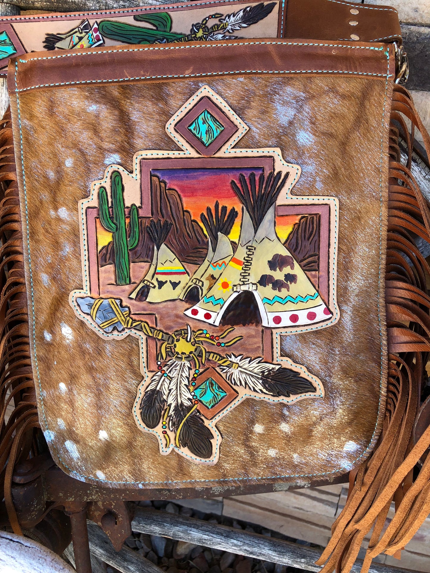 Southwestern tooled leather desert teepee fringe cowhide crossbody bag