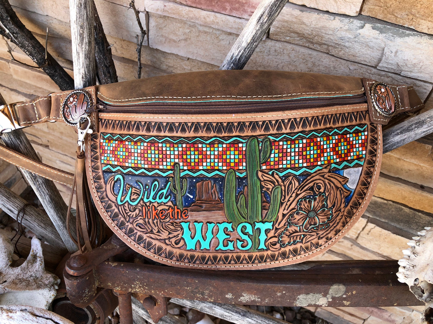 Western tooled leather Wild like the West Fanny pack Bum bag