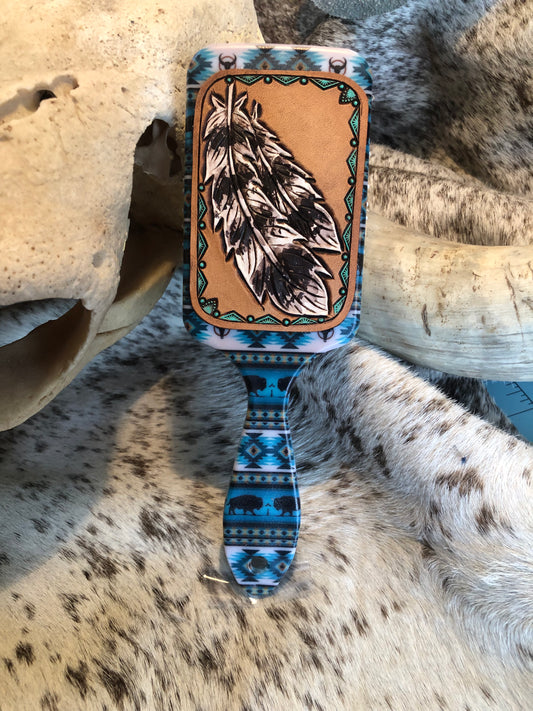 Southwestern tooled leather feathers patch on southwestern bison print paddle brush