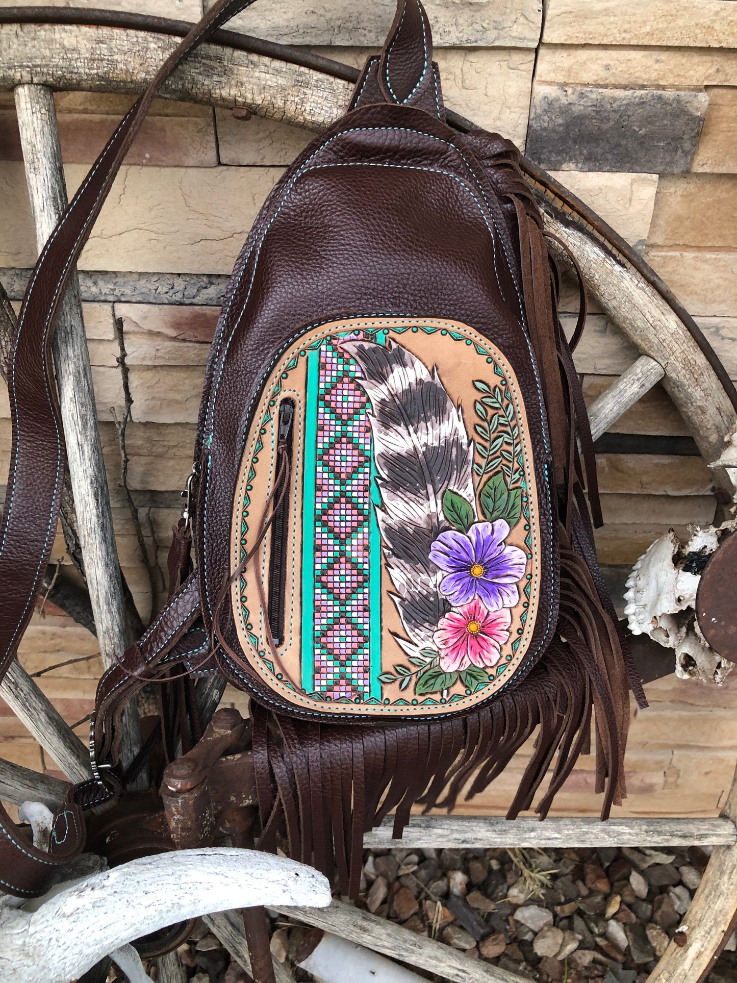 Western tooled leather floral feather and faux beadwork fringe sling bag