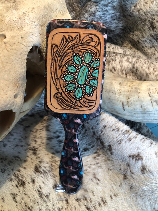 Western tooled leather turquoise jewelry patch on black leopard print cow skull and floral print paddle brush