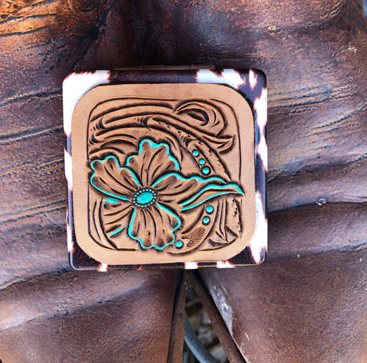 Western tooled leather floral patch on horse print compact