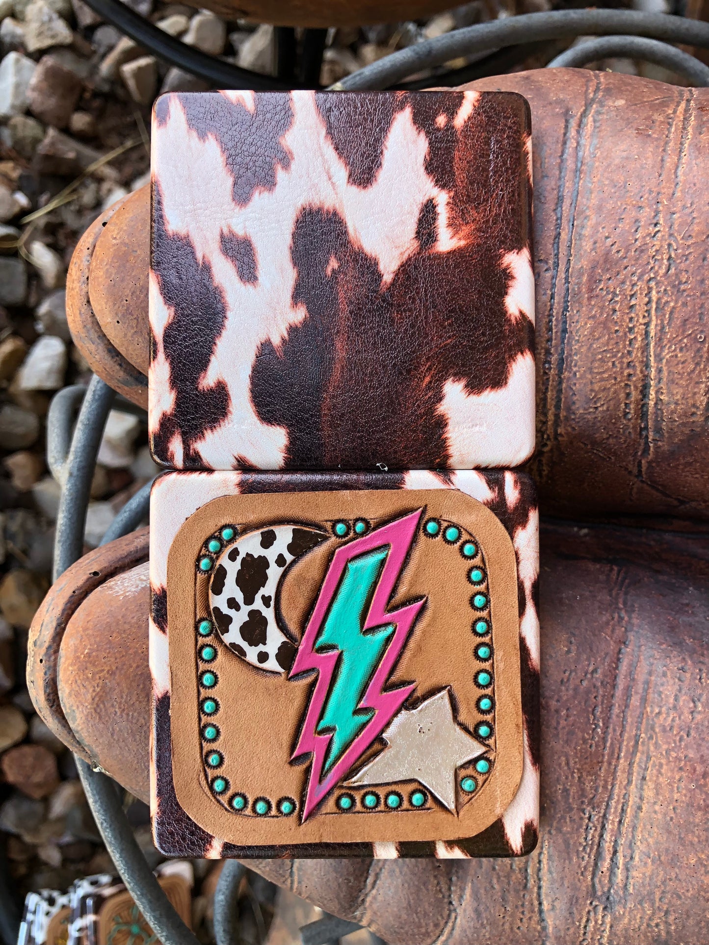 Western tooled leather lightning bolt star and moon patch on horse print compact