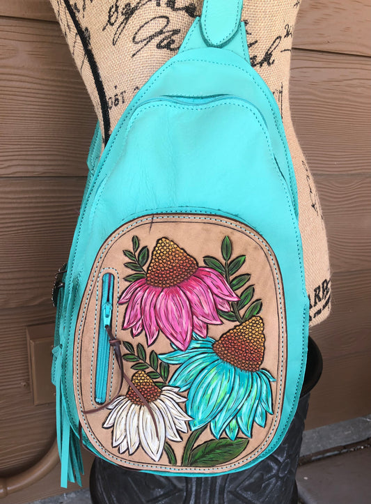 Western tooled leather cone flower with turquoise leather sling bag