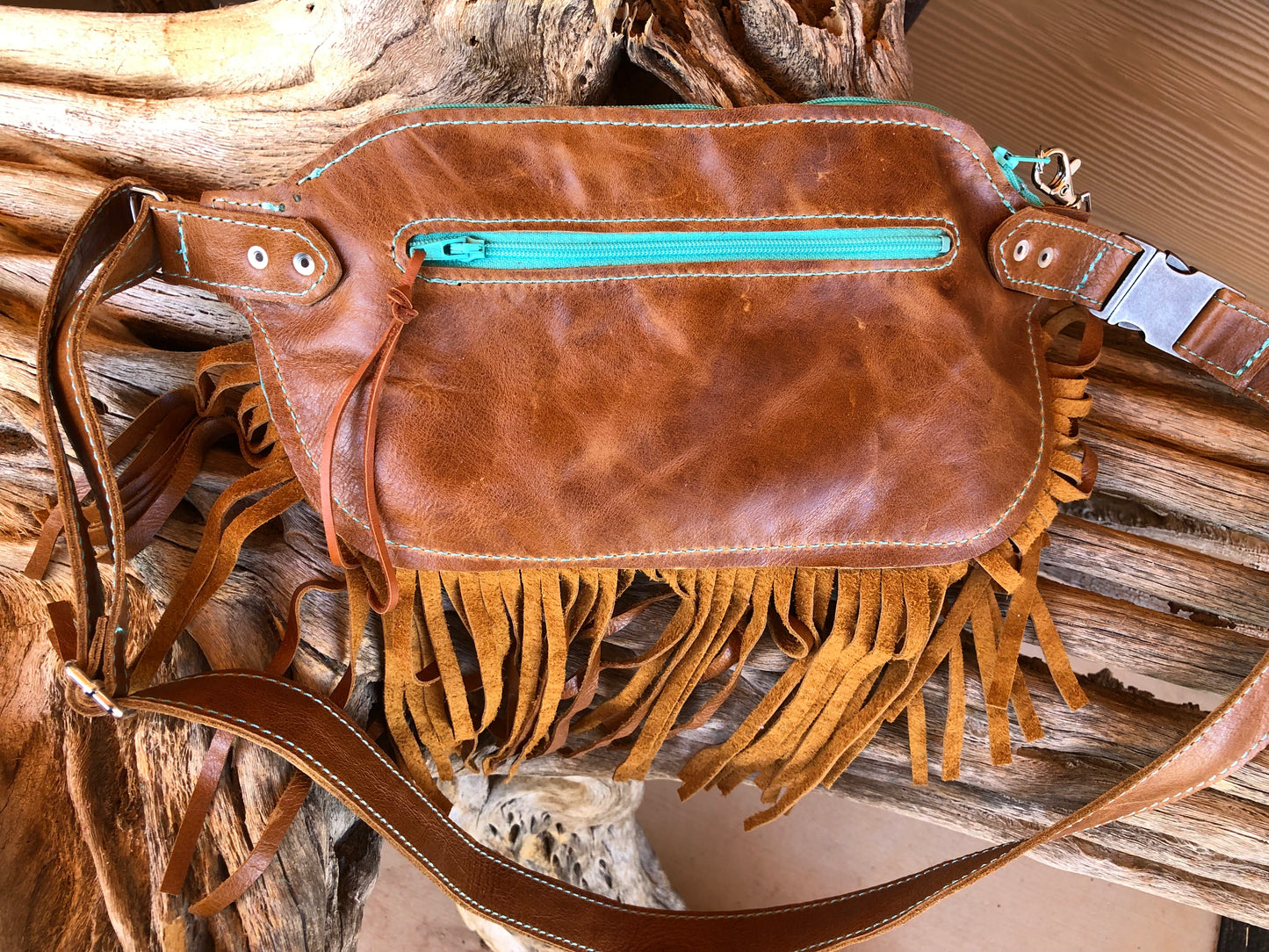 Western tooled leather floral saddle brown fringe Fanny pack