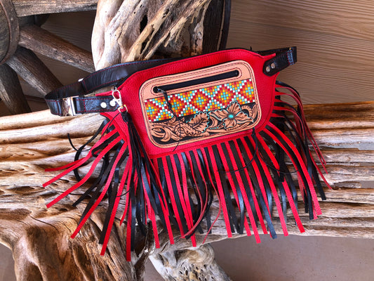 Western tooled leather floral and faux beadwork red and black fringe Fanny pack