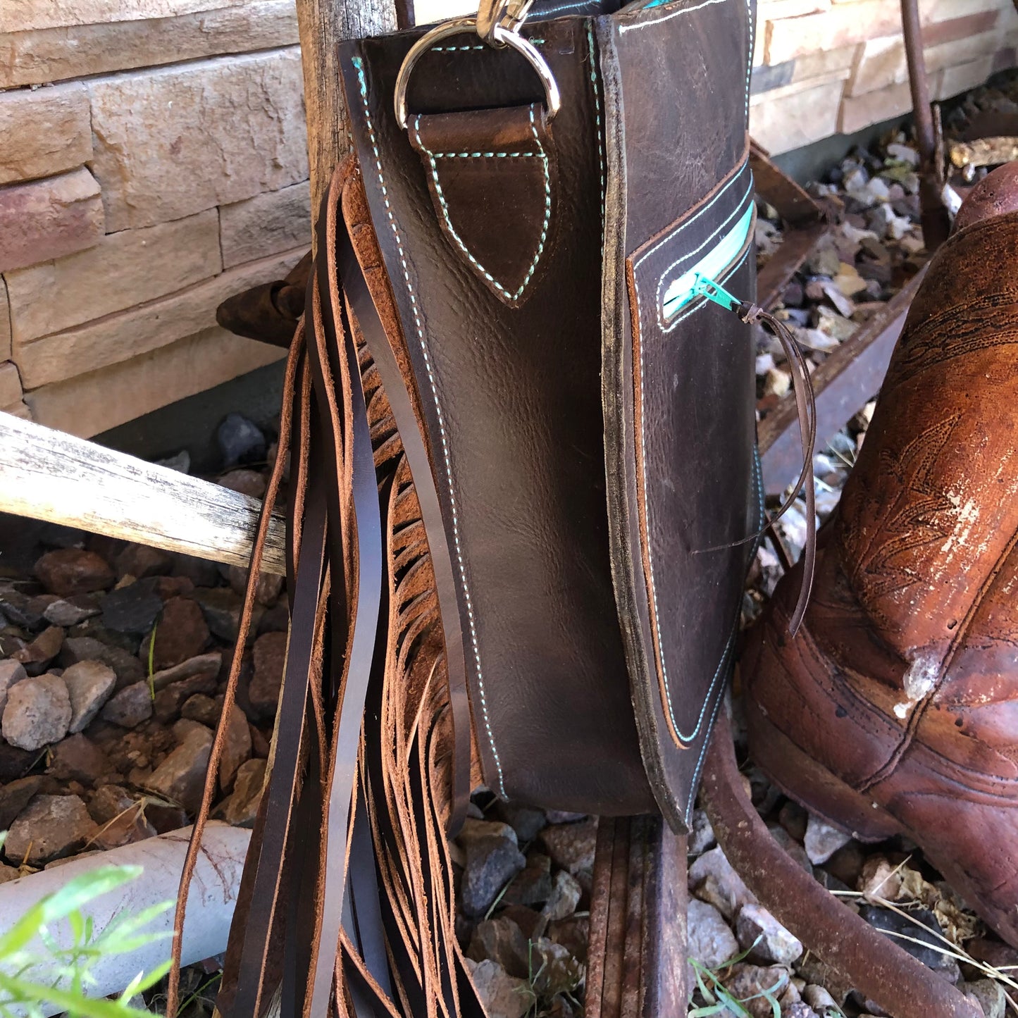 Western tooled leather desert bucking horse fringe cowhide crossbody purse