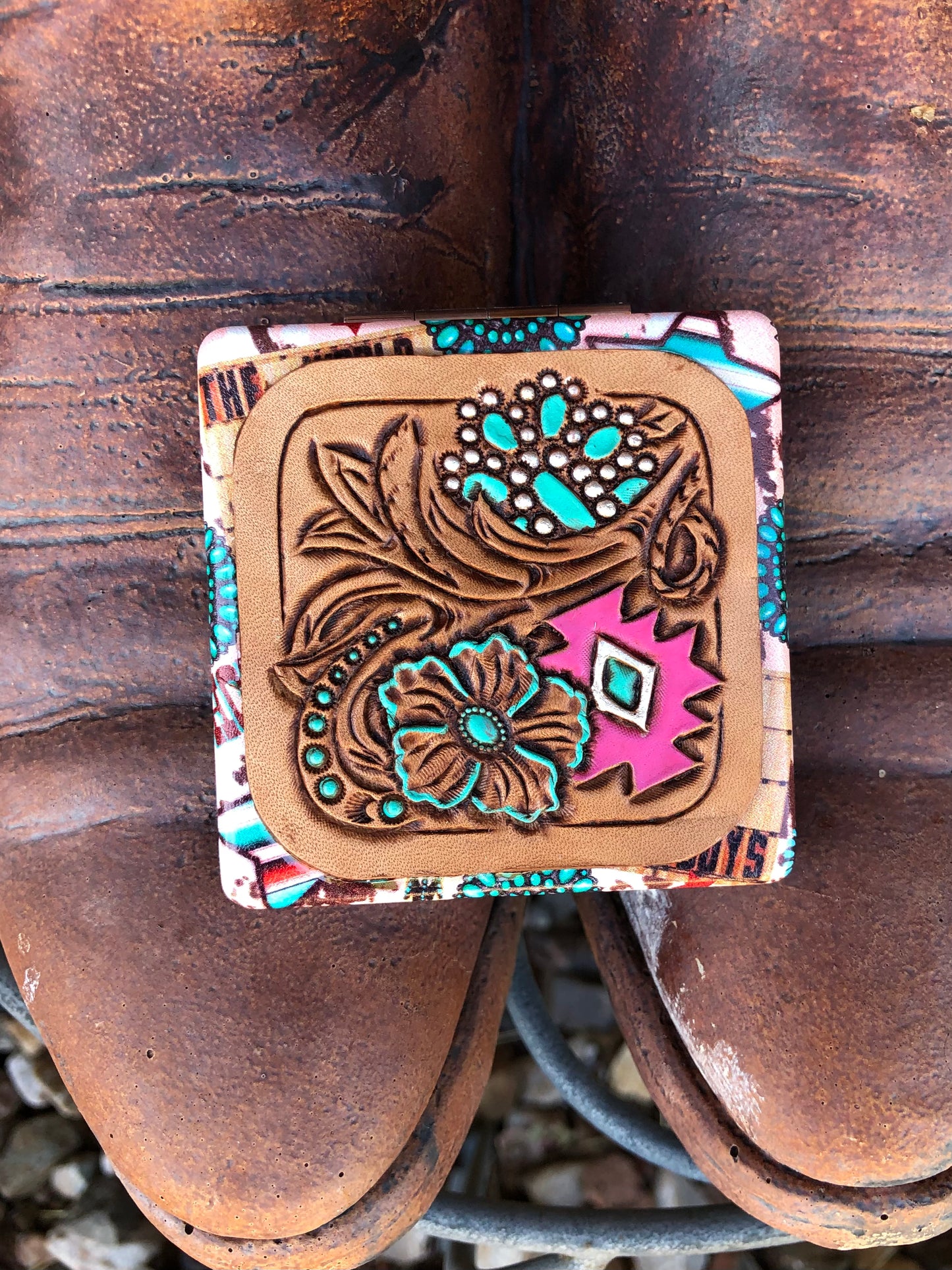 Western tooled leather floral turquoise and geometric patch on world needs more cowboys compact