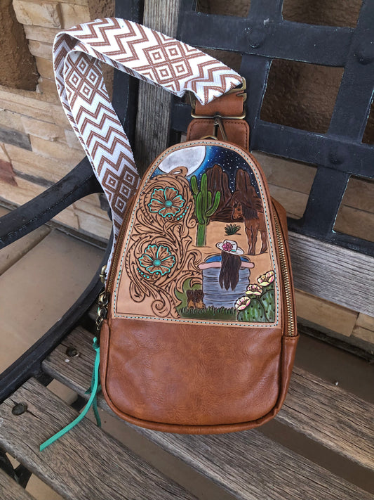 Western tooled leather desert night dip sling bag