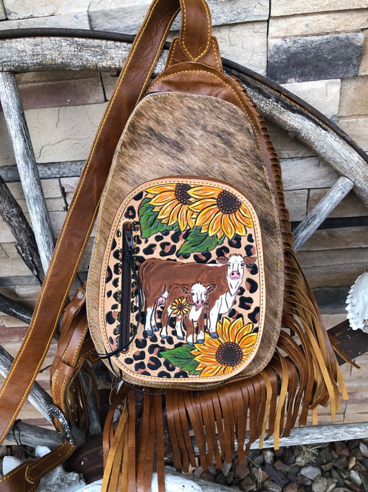 Western tooled leather Hereford sunflower and leopard print fringe sling bag