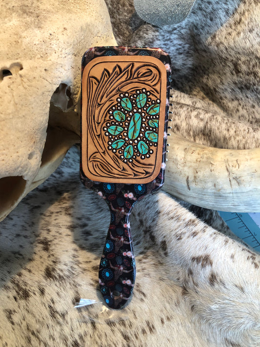Western tooled leather turquoise jewelry patch on black leopard print cow skull and floral print paddle brush