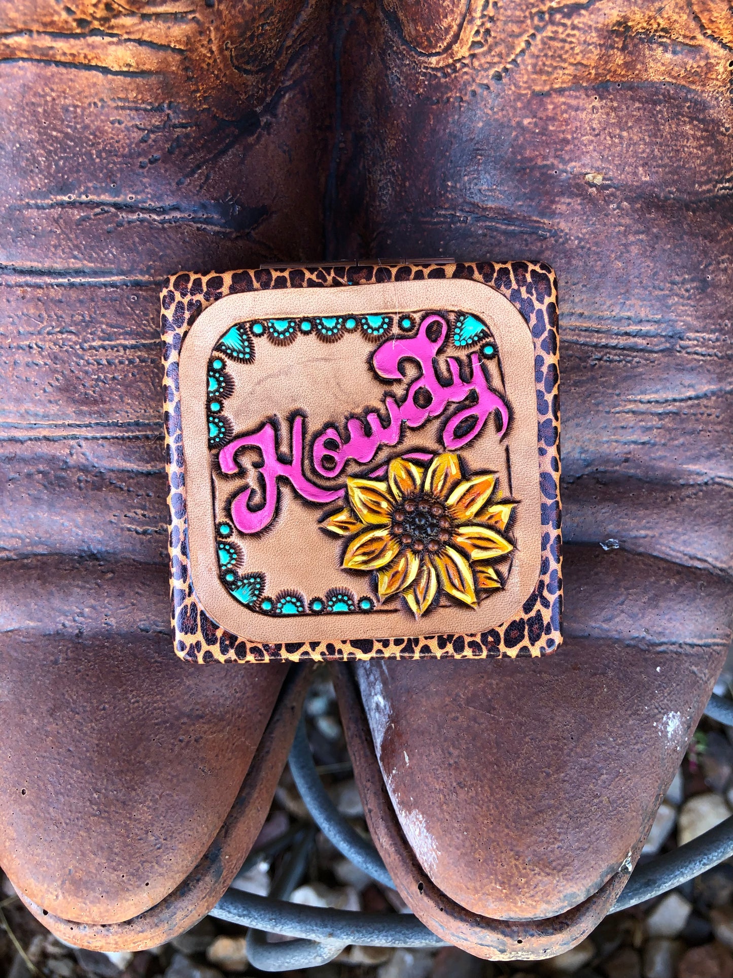 Western tooled leather Howdy sunflower patch on leopard leather compact