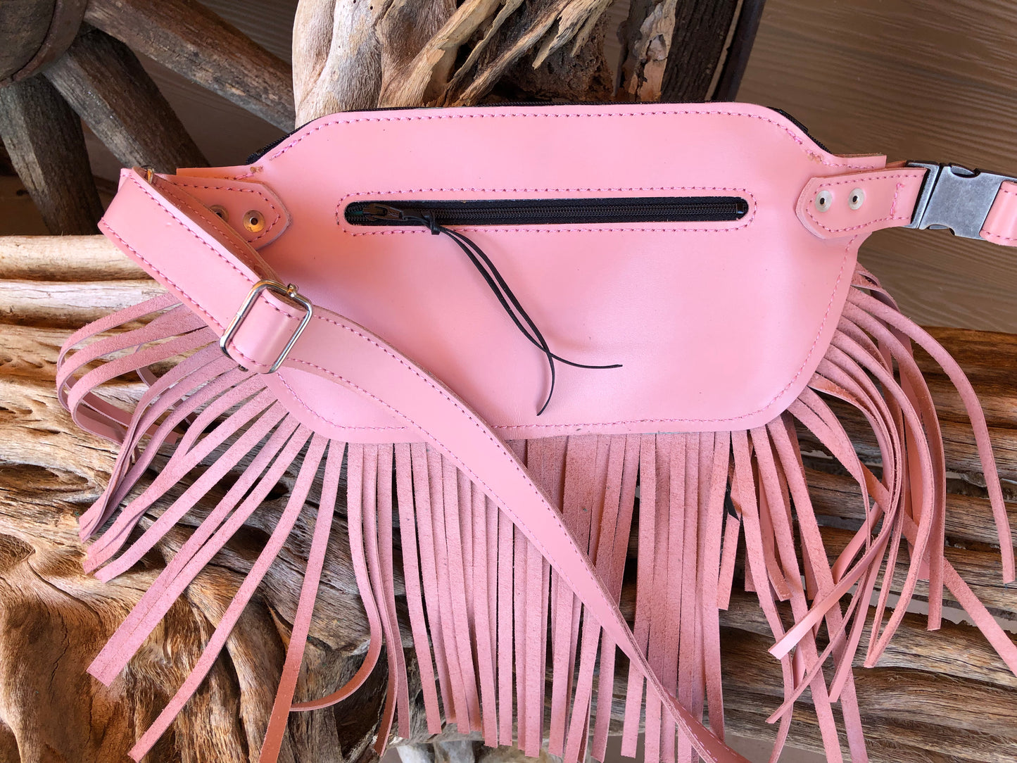 Southwestern tooled leather floral arrow and faux beadwork pink fringe Fanny pack