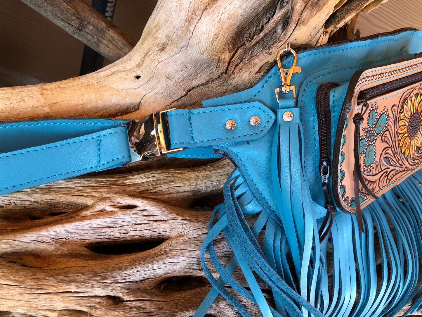 Western tooled leather sunflower and turquoise jewelry butterfly blue turquoise fringe Fanny pack