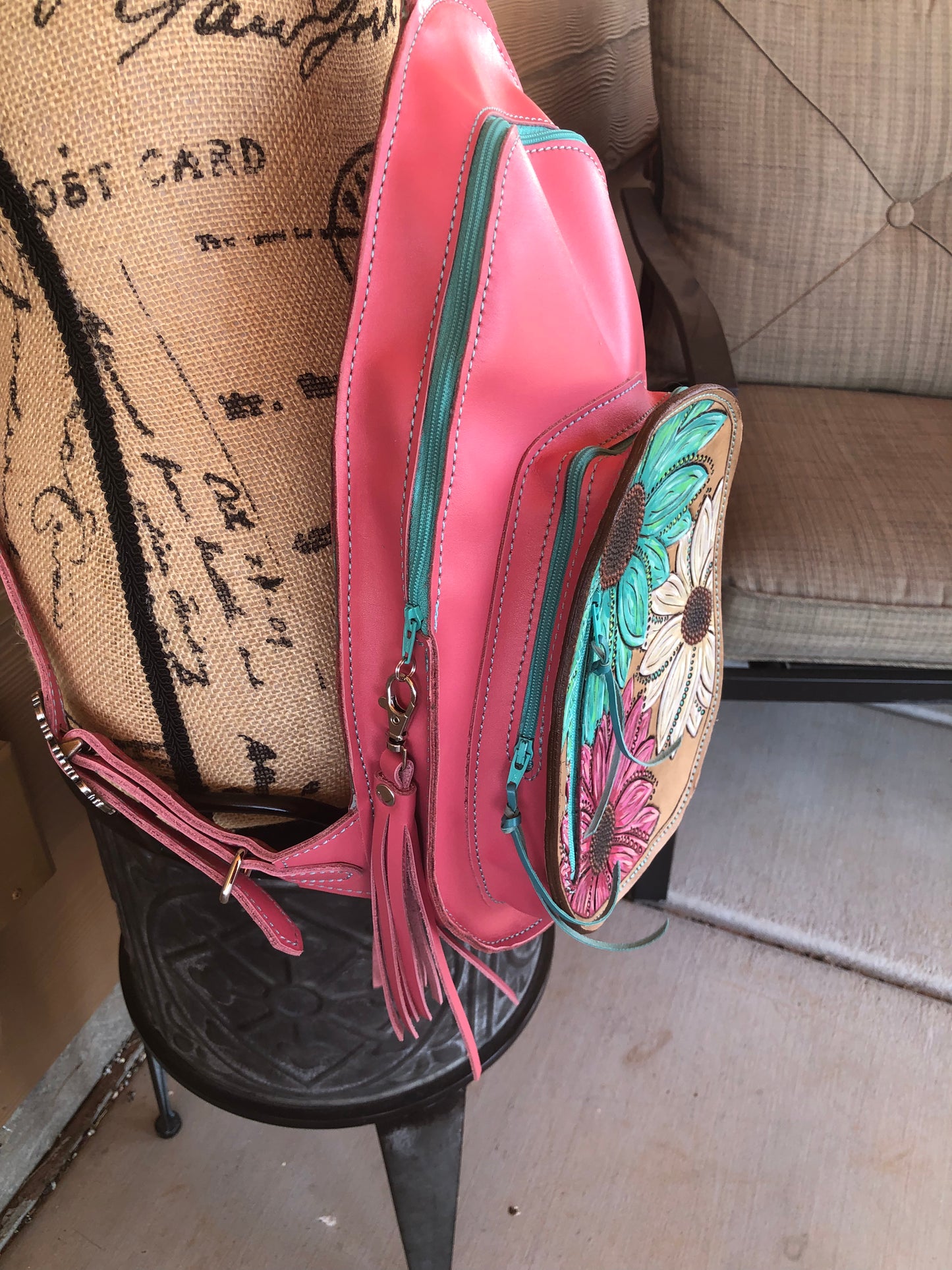 Western tooled leather sunflower coral pink sling bag