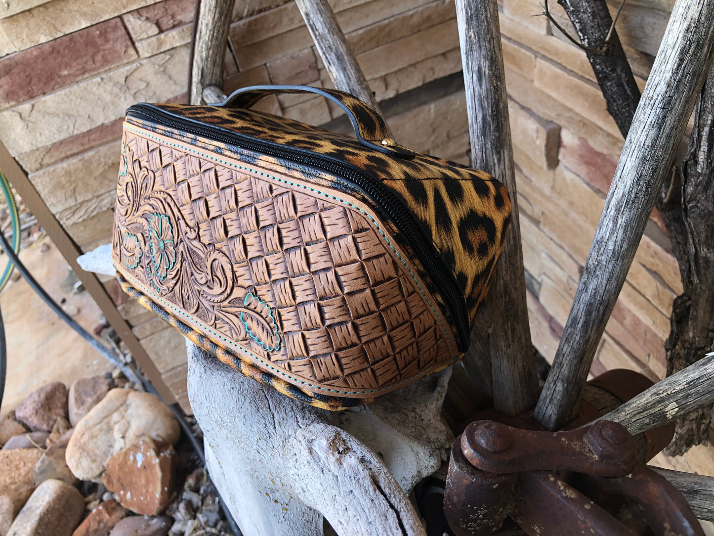 Western tooled leather floral and basket weave leopard print makeup bag