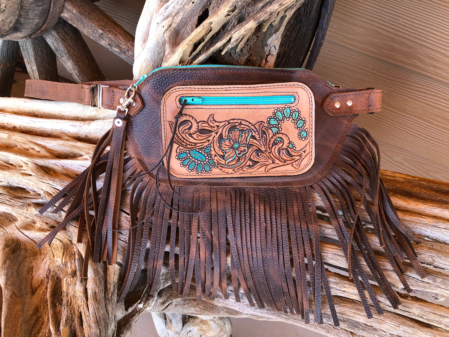 Western tooled leather floral and turquoise jewelry brown fringe Fanny pack