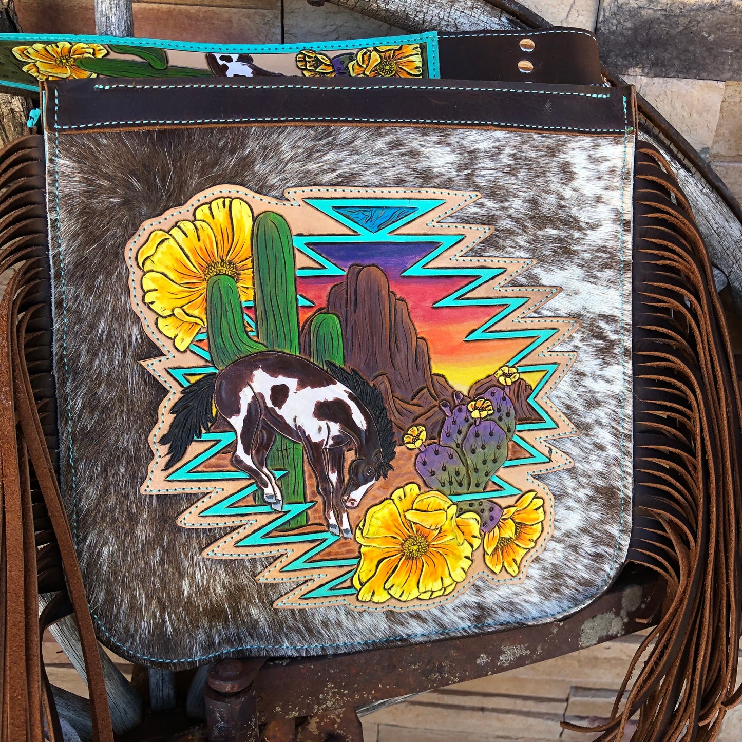 Western tooled leather desert bucking horse fringe cowhide crossbody purse